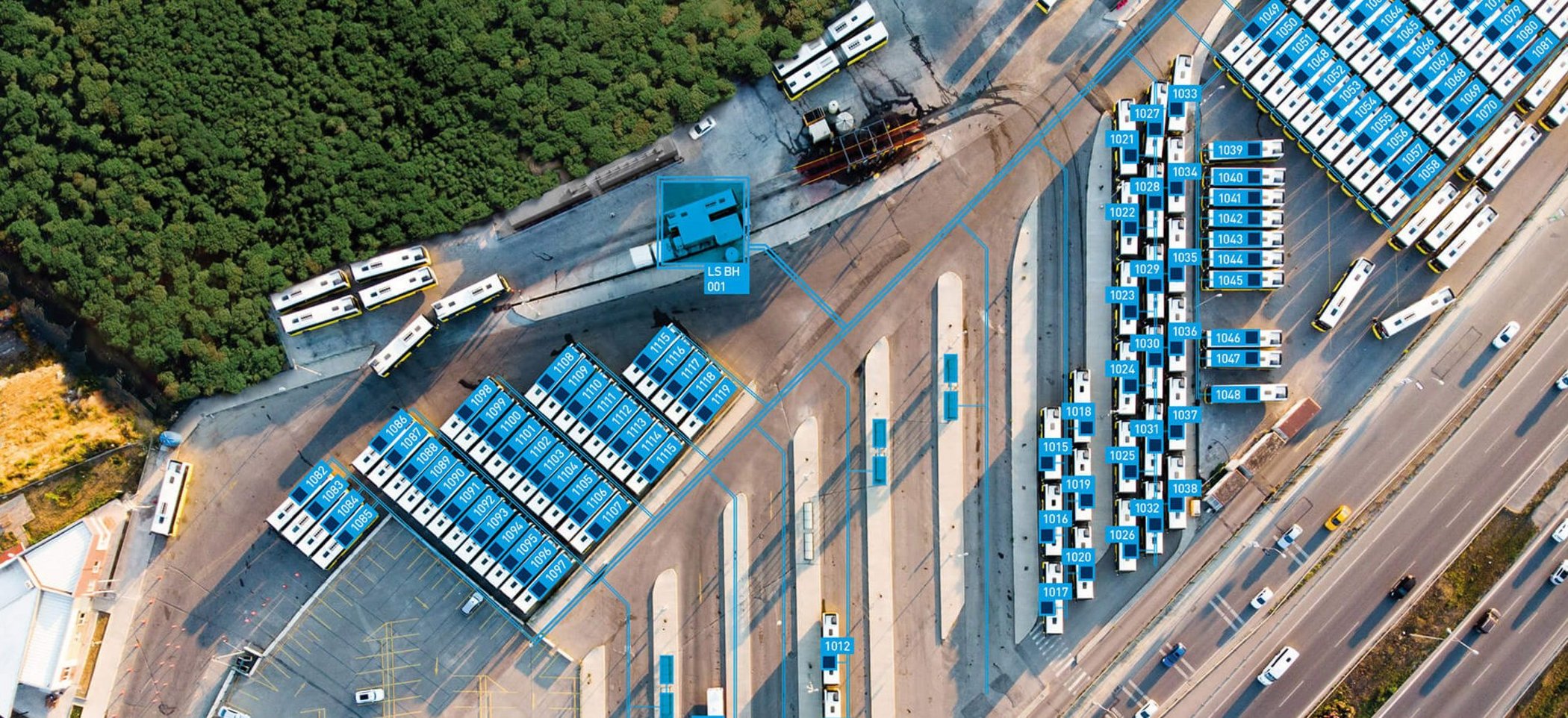 Depot with parked buses from above
