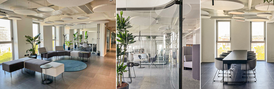 Collage of three images of the interior of IVU Italia's new office in Rome.