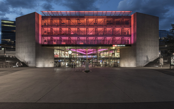 Image of train station in Switzerland with SBB logo