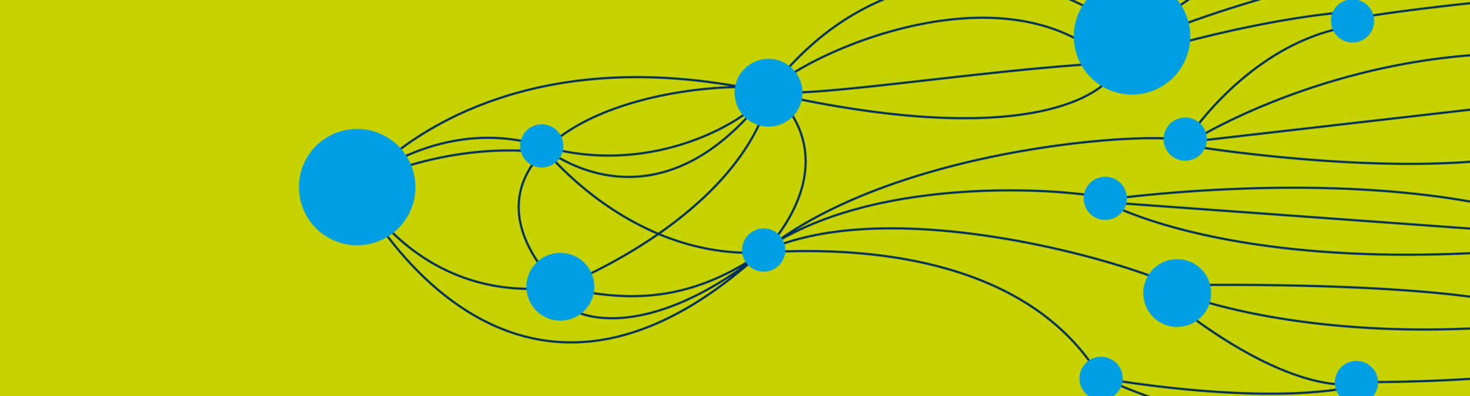 Yellow-green background with small and large blue dots connected by dark blue curved lines