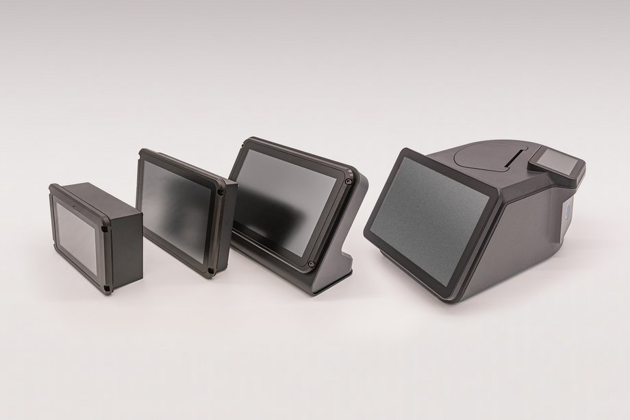 Four IVU on-board computers in different sizes on a white background