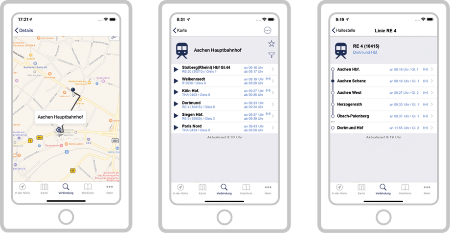 Drei Smartphones zeigen die IVU.realtime- und IVU.journey-App mit Kartenansicht, Abfahrtsliste und Verbindungsdetails zur Echtzeit-Fahrgastinformation