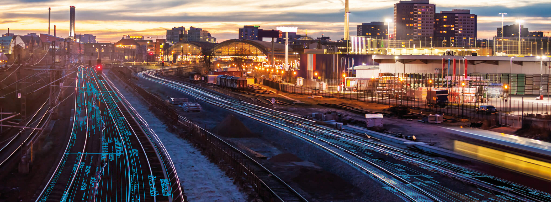 Berlin East Station with TV Tower in the background at dusk