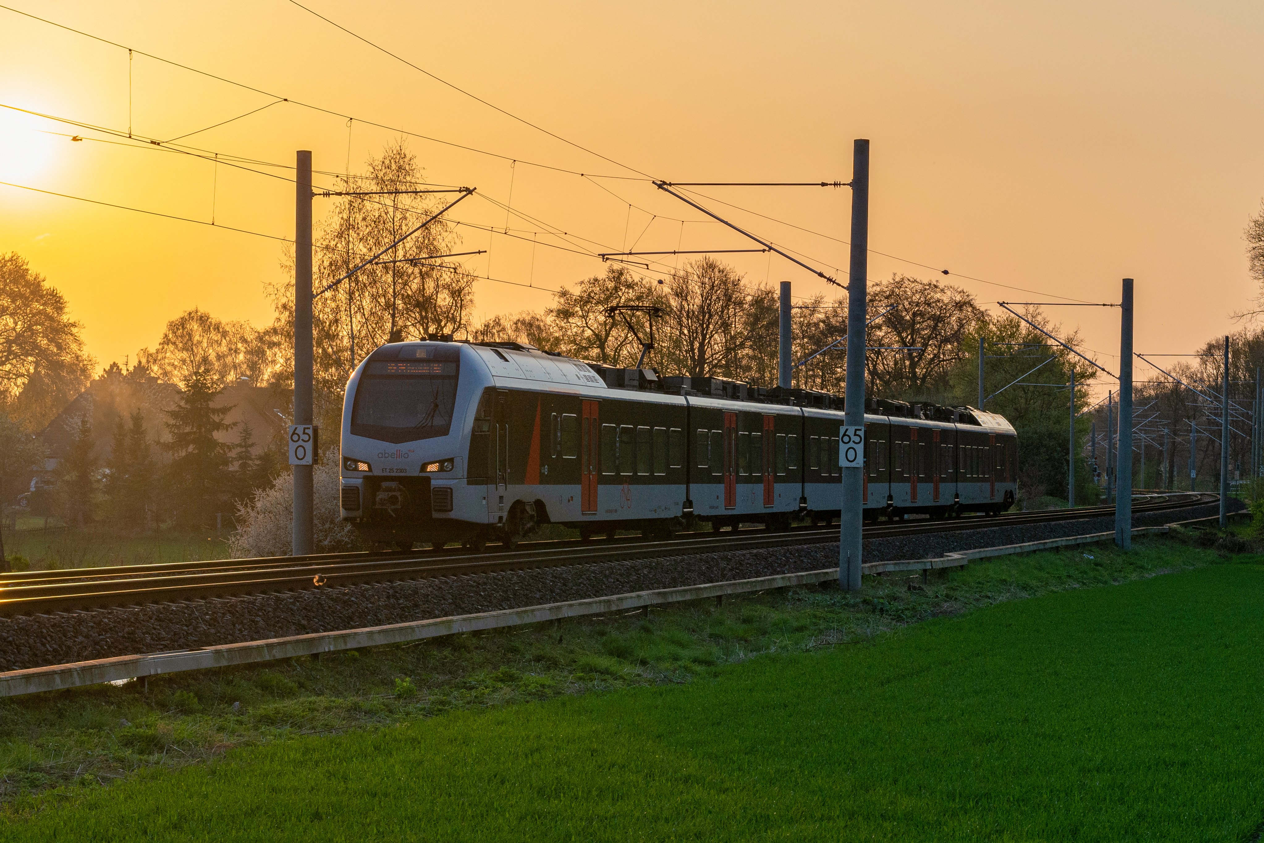 Abellio train on the track at sunset with golden light and green landscape