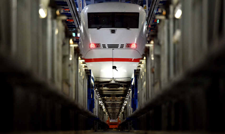 ICE train in a workshop seen from underneath