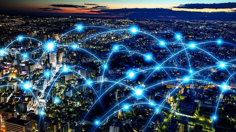 Abstract representation of how different places in a city are connected with curved lines and dots