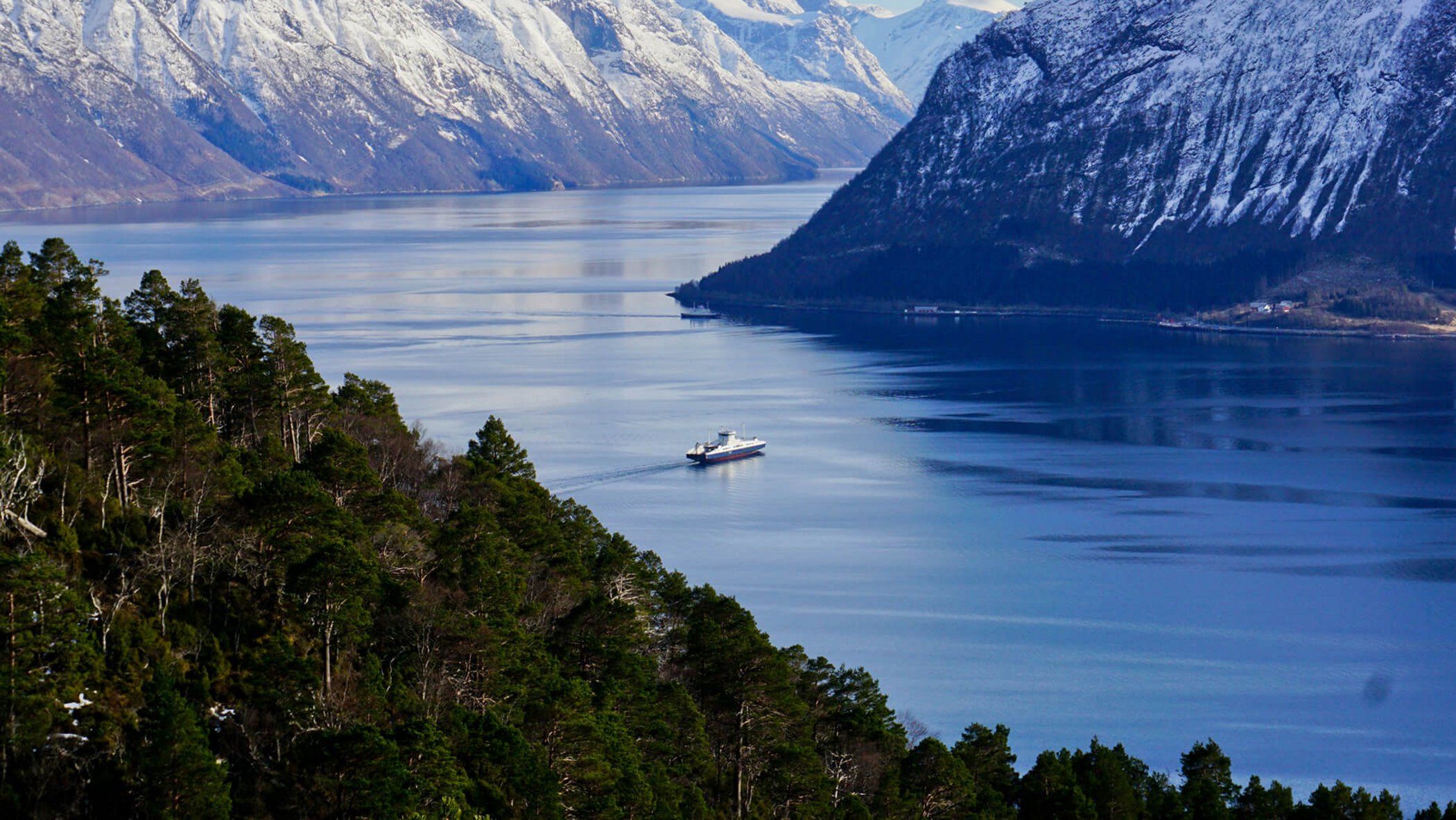Ferry sailing through calm fjord between forested shores and mountains
