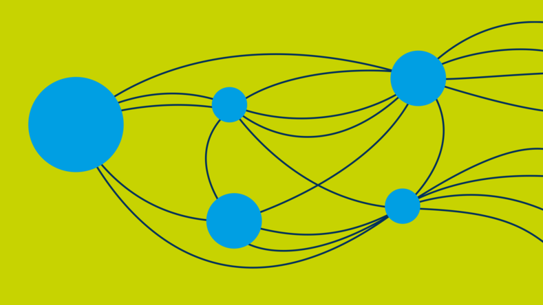 Yellow-green background with small and large blue dots connected by dark blue curved lines