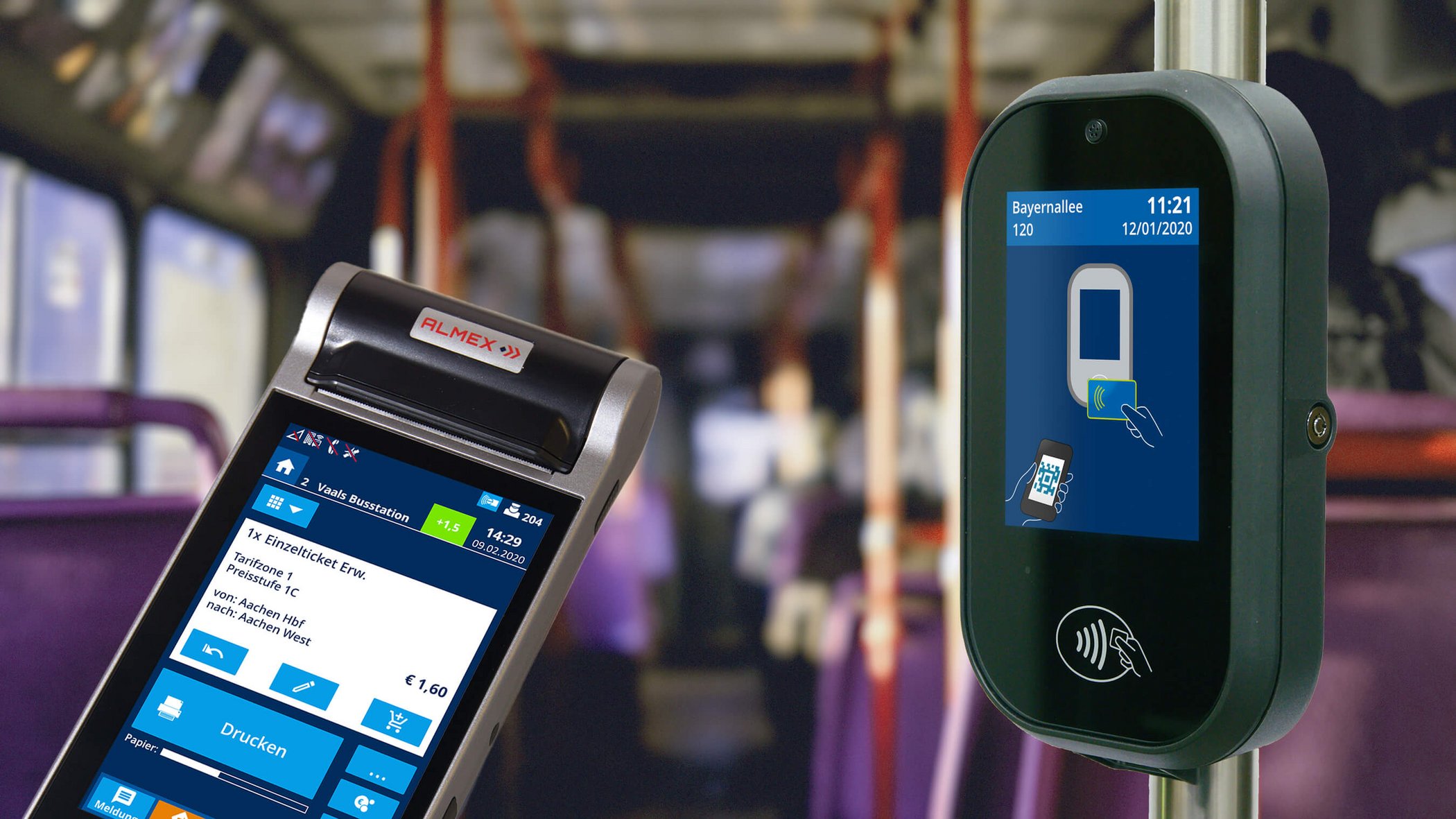 Lecip ticket sales device next to an IVU.validator for contactless ticket validation on a bus