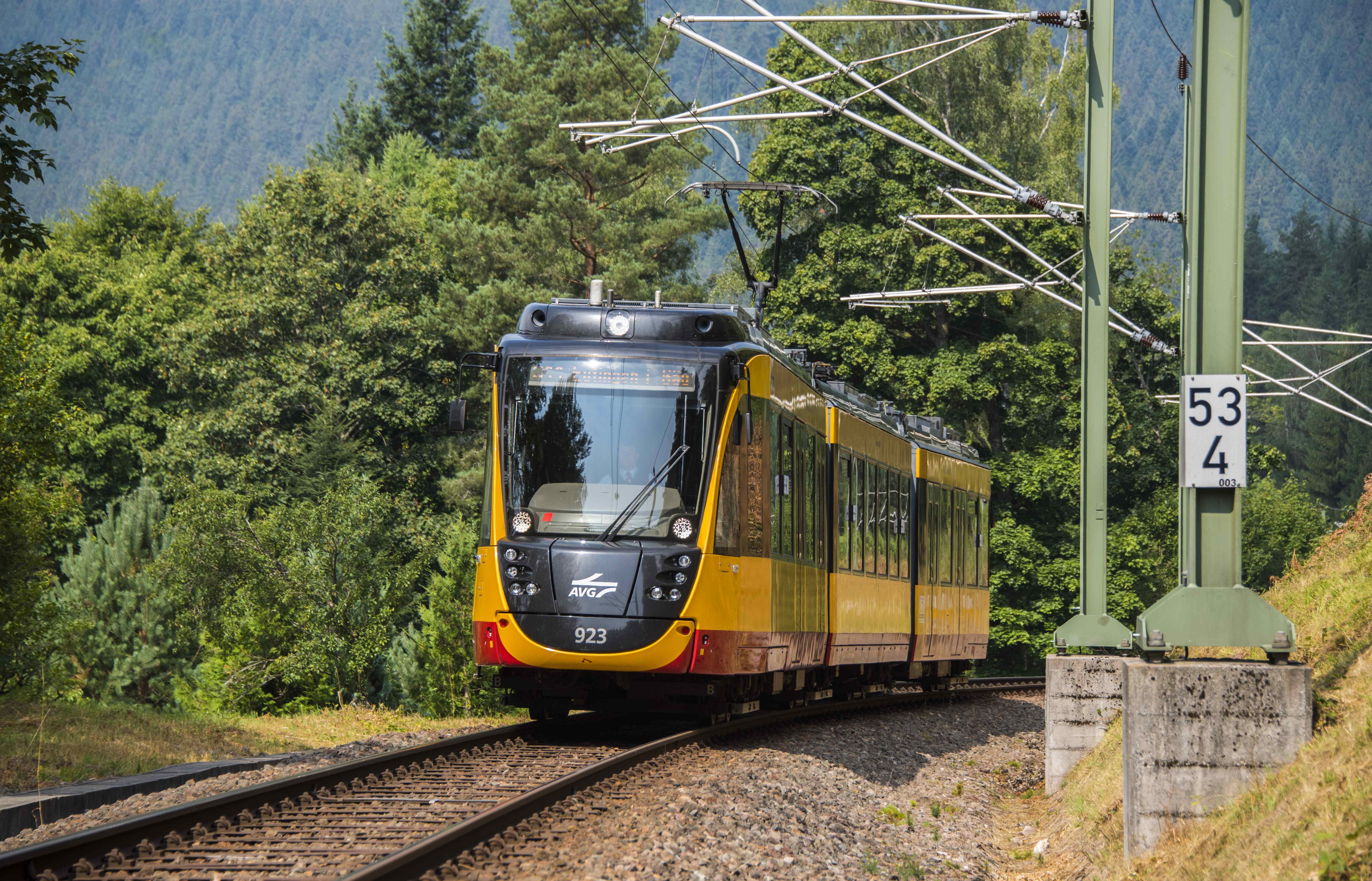 Yellow tram travelling on a single-track line through green countryside