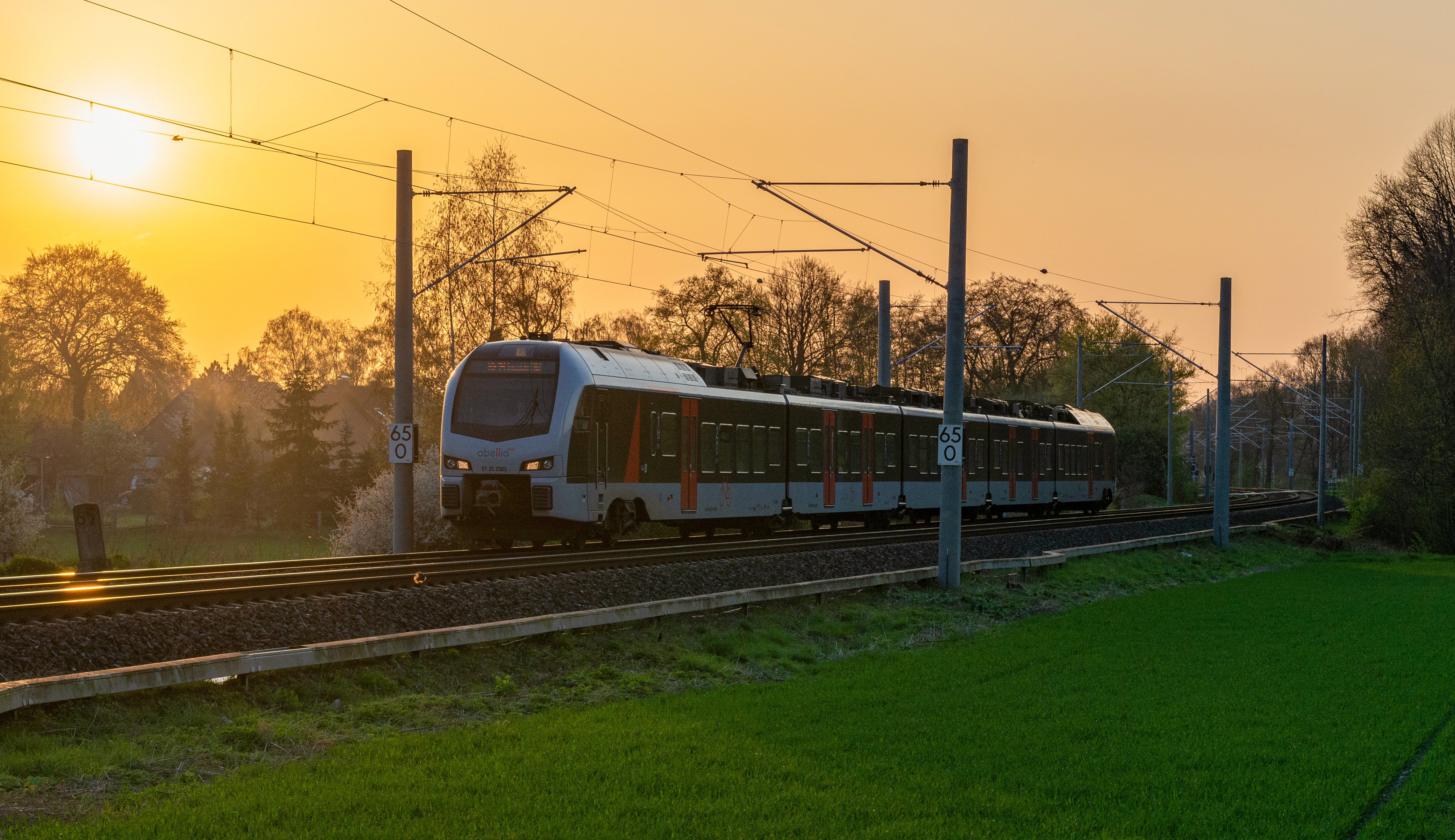 Zug auf Schienen vor einem Sonnenuntergang