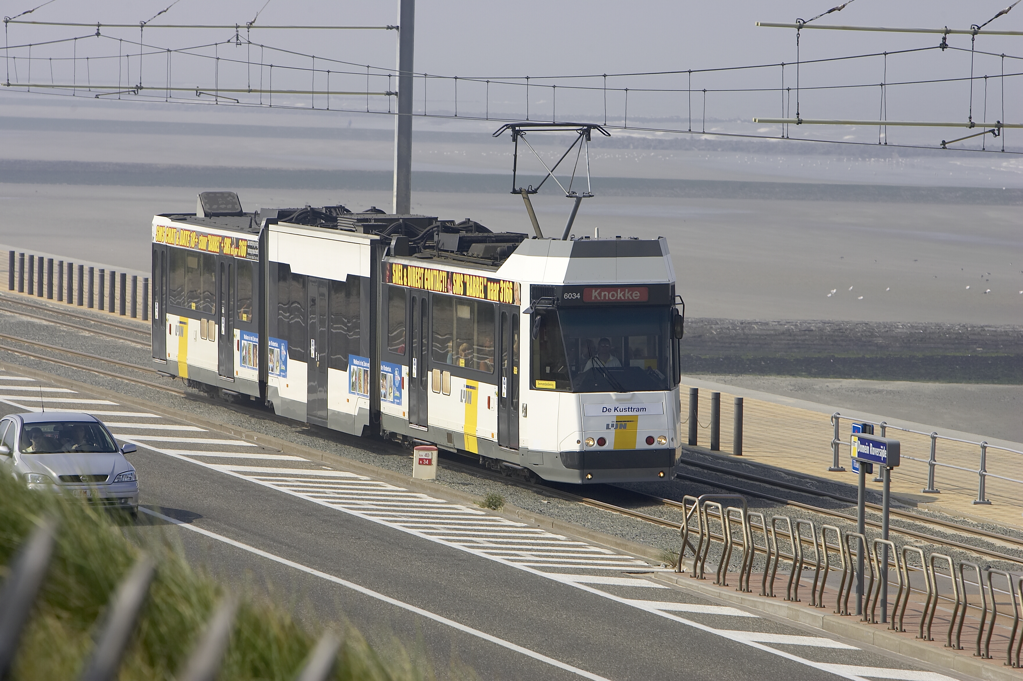 Kusttram operated by De Lijn travelling along the Belgian coast