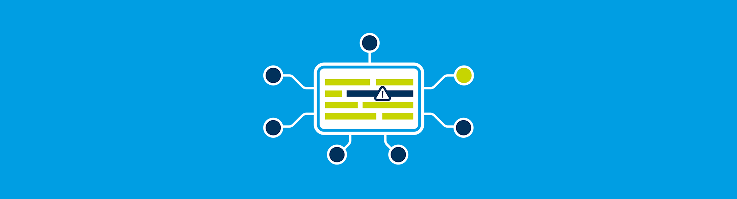 Blue background with a light square outlined in blue containing green bars and one blue bar with an exclamation mark, surrounded by stylized route lines and stop points