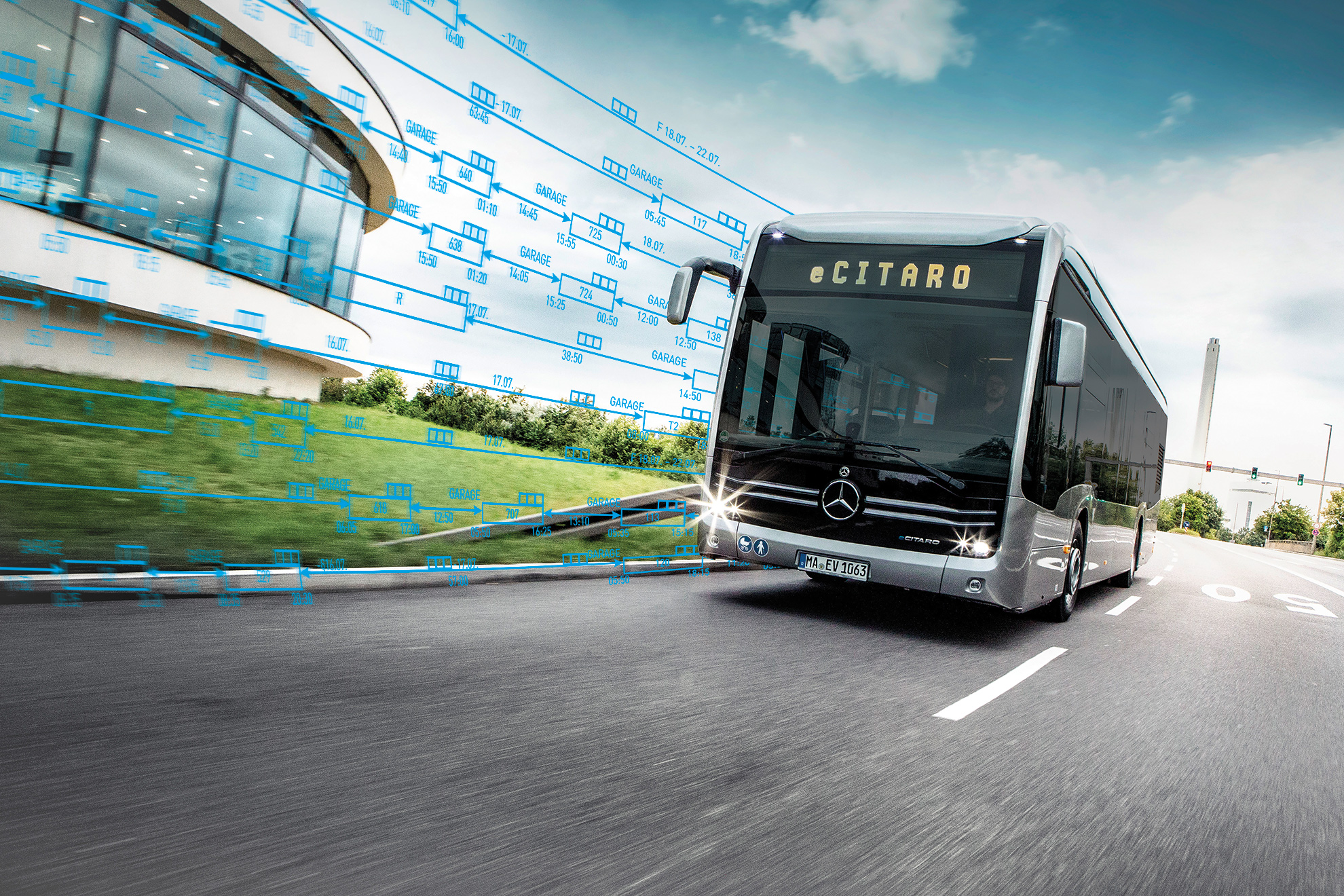 Mercedes-Benz eCitaro electric bus with blue design lines driving on a road in front of a green-facade building