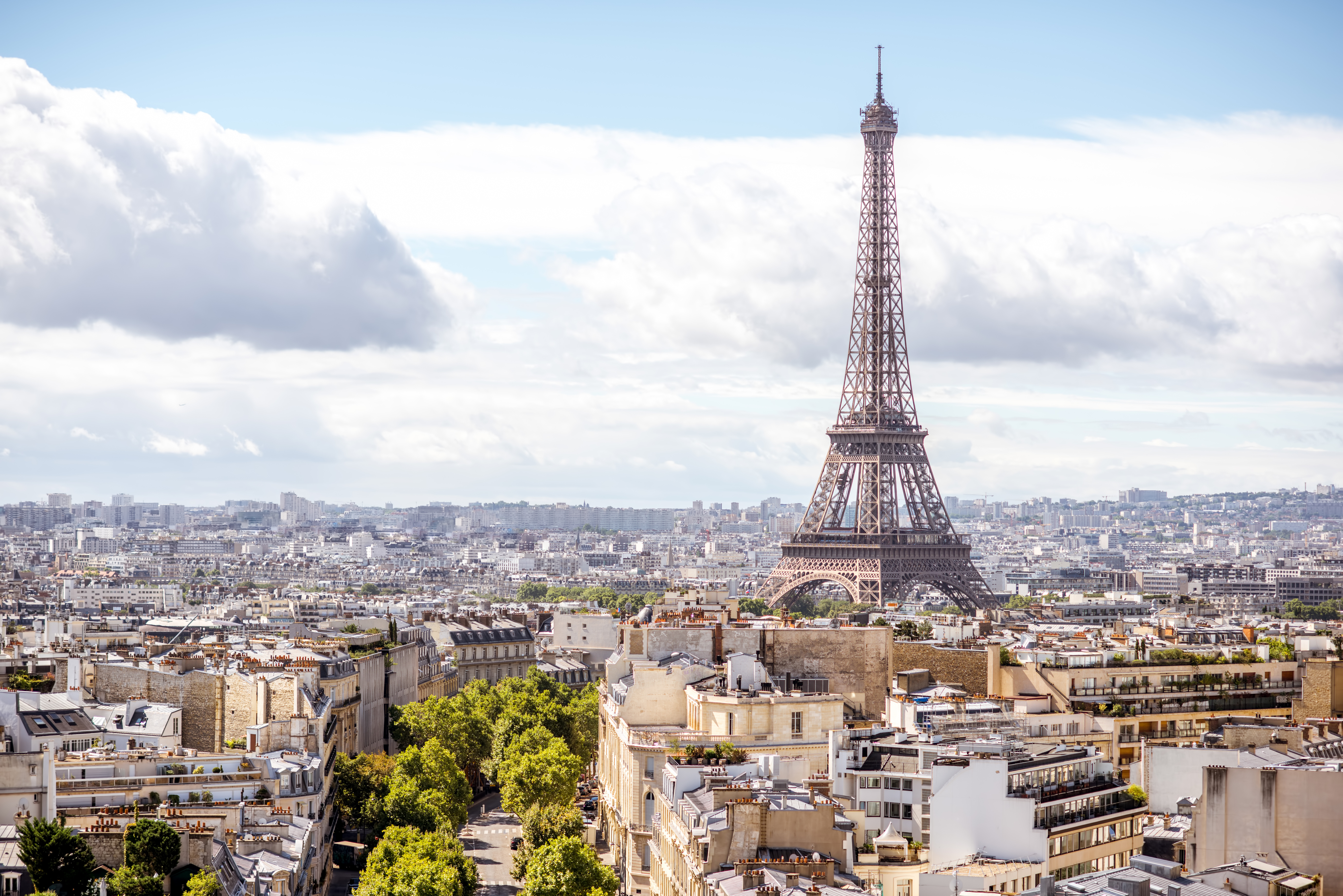 View over Paris cityscape with Eiffel Tower under cloudy sky