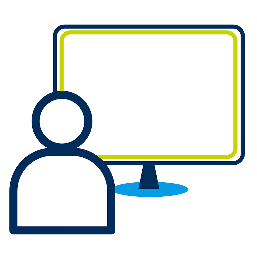 Icon: Person vor großem Bildschirm – Veranstaltungsanmeldung