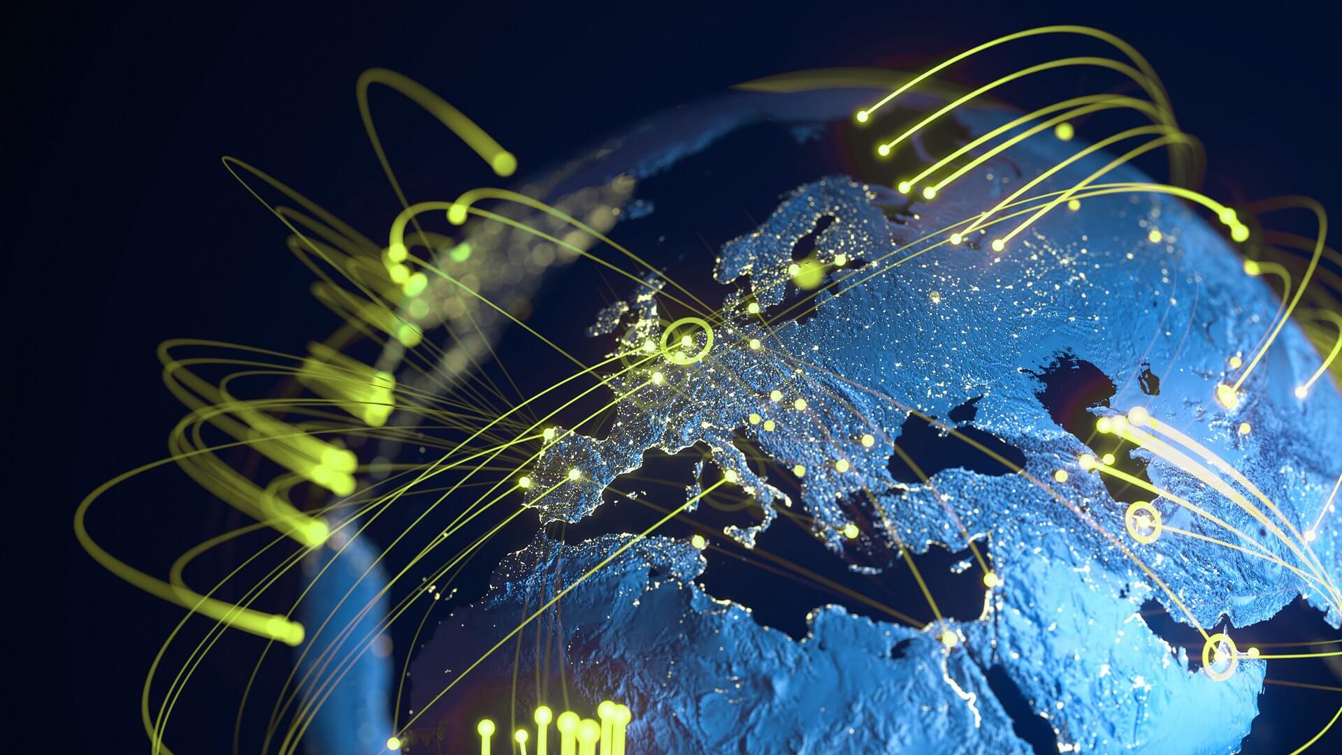 Earth globe from above with numerous green light beams leading to different locations on the globe