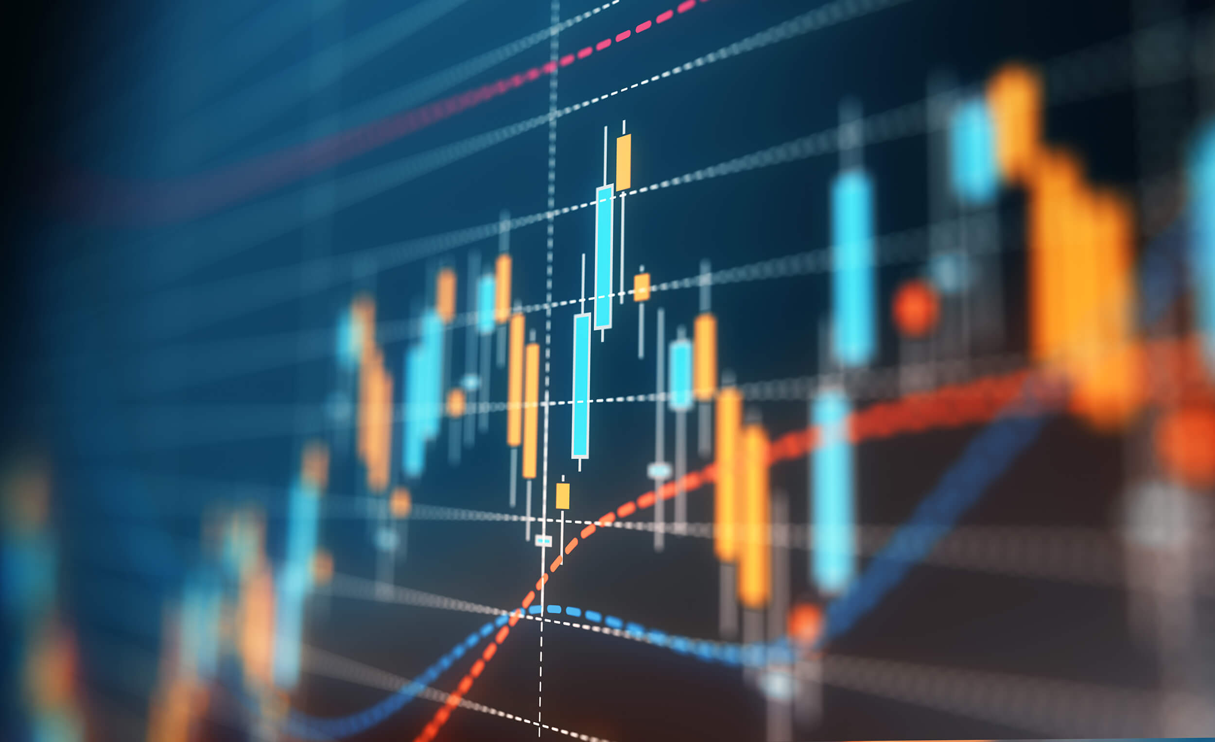 Digital stock market chart with candlestick patterns and trend lines on dark blue background